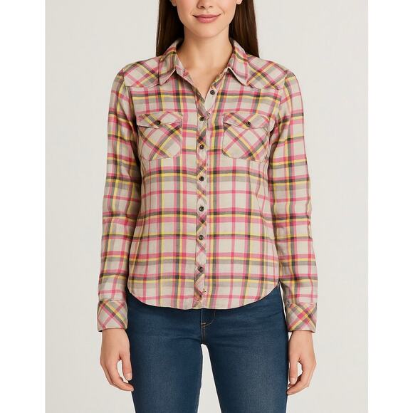 Guess Women’s Pink Grey Plaid Long Sleeve Button Up Y2K 90s size small - Picture 1 of 6